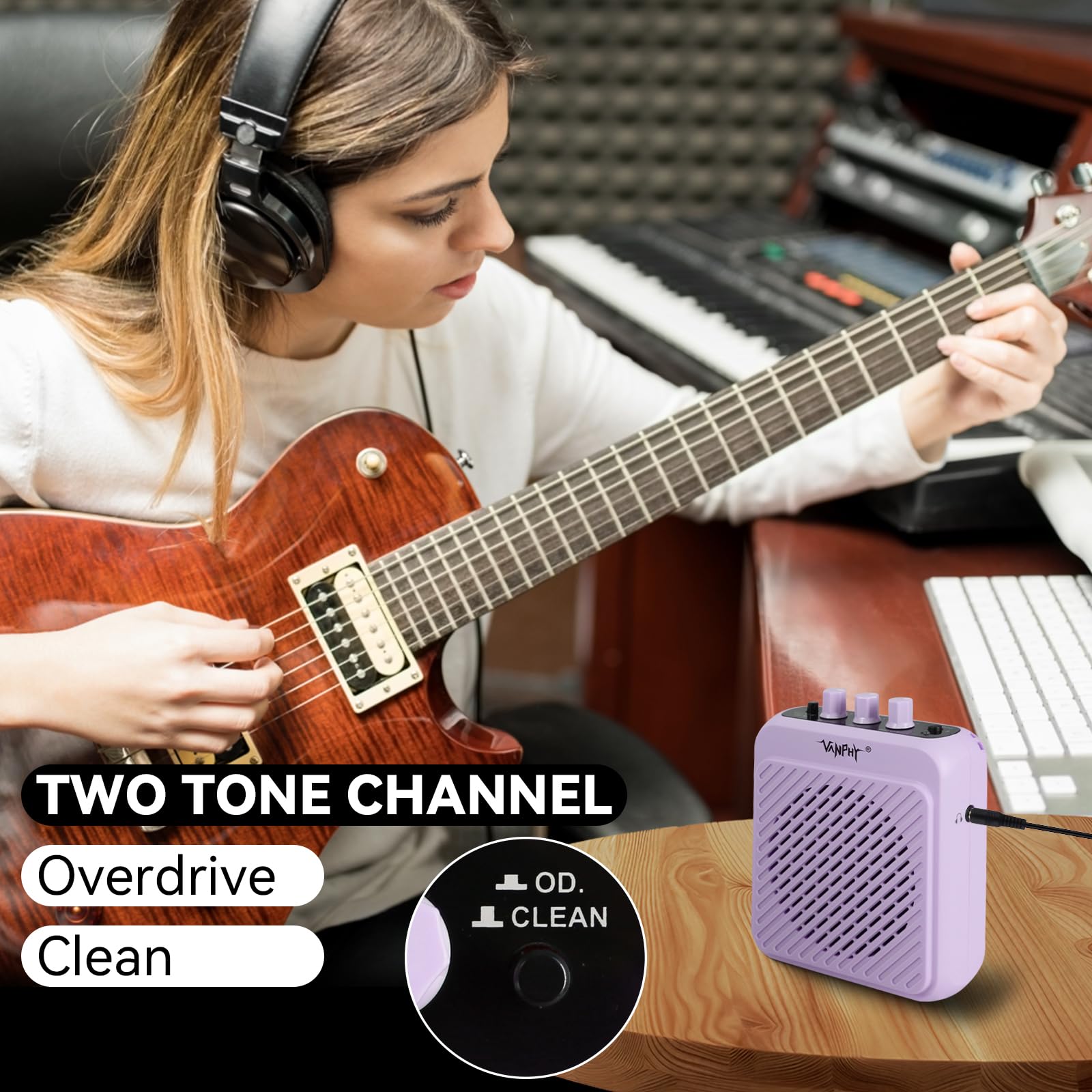 VANPHY Mini Electric Guitar Amplifier 3W Rechargeable Bluetooth Guitar Amp with Clean Overdrive Channel 5H Working Portable Small Amp for Indoor Practice and Traveling AG-03N Purple