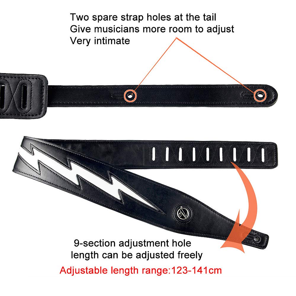 adiya Guitar Strap with Lightning Bolt for Electric Guitars/Bass, Leather Adjustable Length,Black/White/Red Available (White body black lightning)