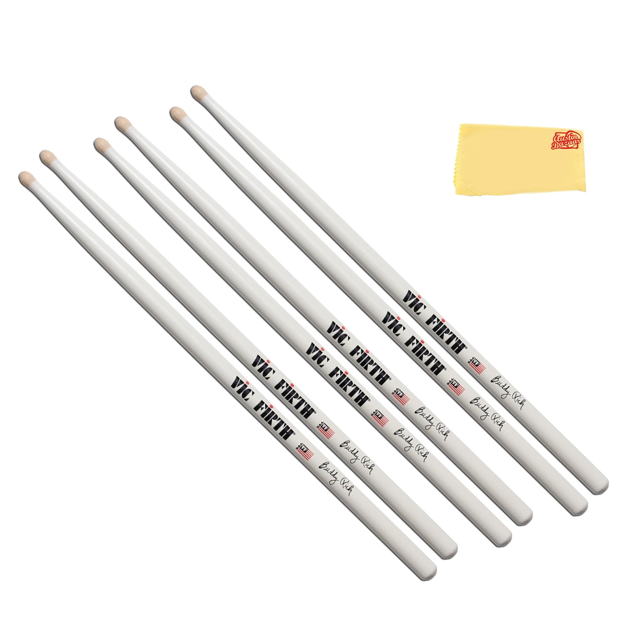 Vic Firth SBR Signature Series Buddy Rich Drumsticks – 3-Pack Bundle with Austin Bazaar Polishing Cloth