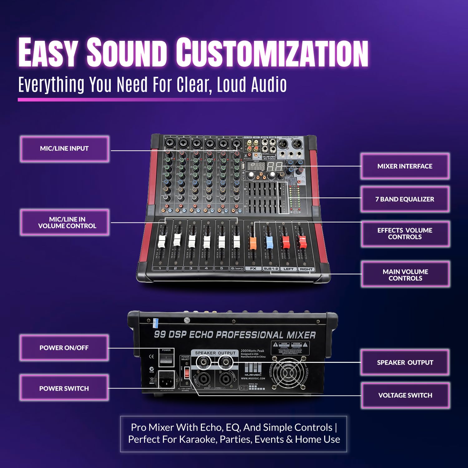PA System with Wireless Microphone UHF,10″ PA Speaker, 2000W Audio Mixer