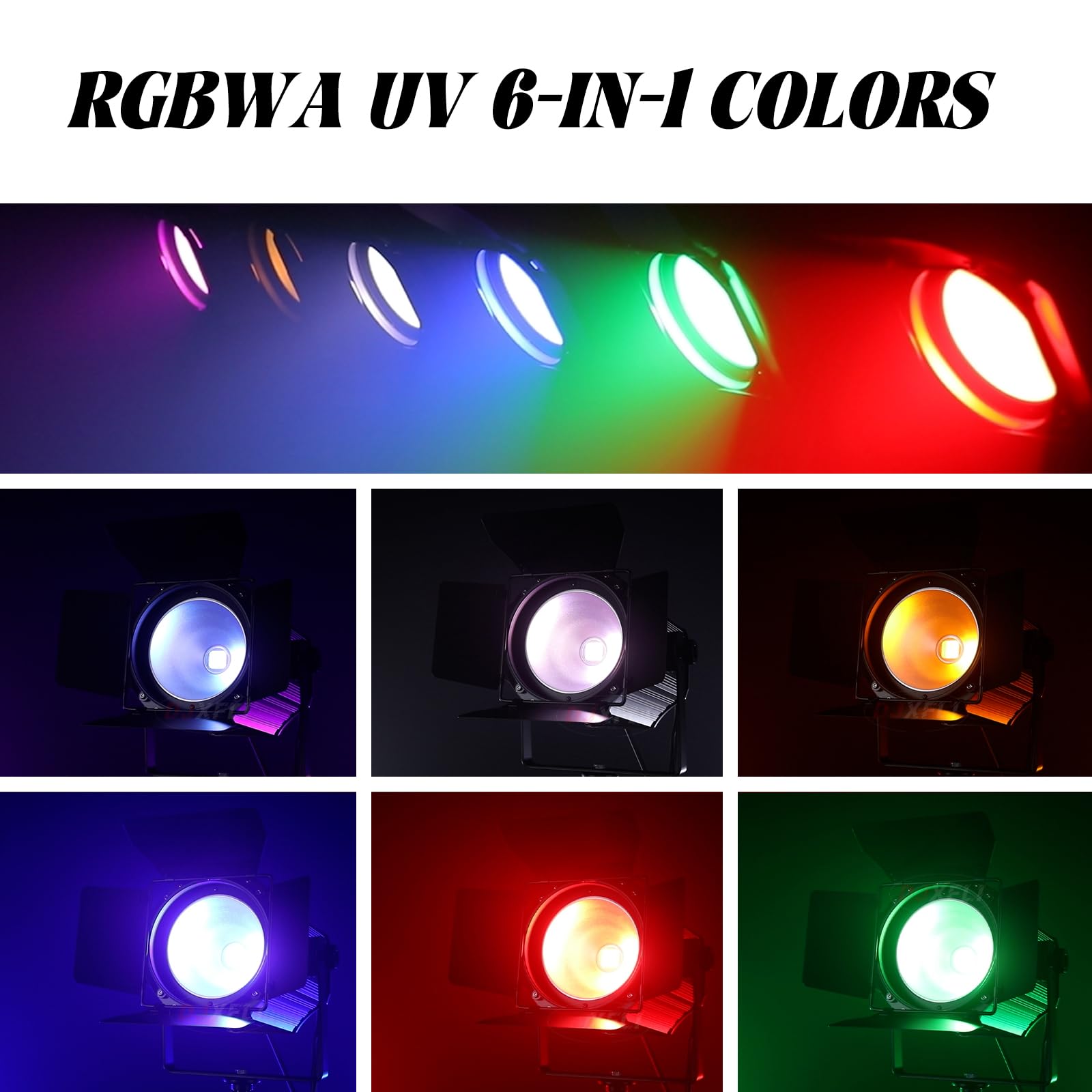 DJXFLI COB Stage Lights with Barn Doors, COB Par Light 200W LED RGBWAUV DMX512 Master-Slave Sound DJ Lighting Spotlight Fresnel for Church Concert Wedding