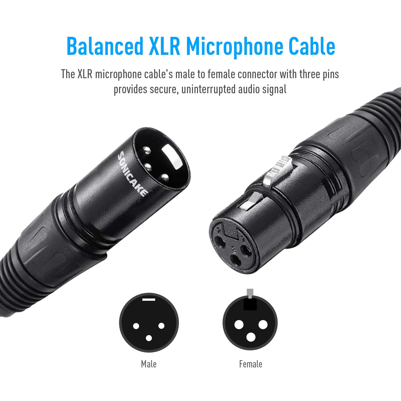 SONICAKE XLR Microphone Cable Male to Female 3 Pin Nylon Braided for Studio Recording and Live Production 6 Feet/2M, Black