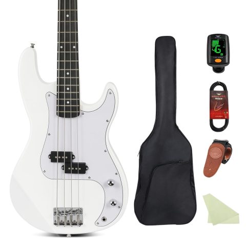 Bullstar Electric Bass Guitar 4 Strings Full-Size Standard Bass PB-Style Beginner Kit Black for Starter with Gig Bag Guitar Strap and Guitar Cable(PB-White)