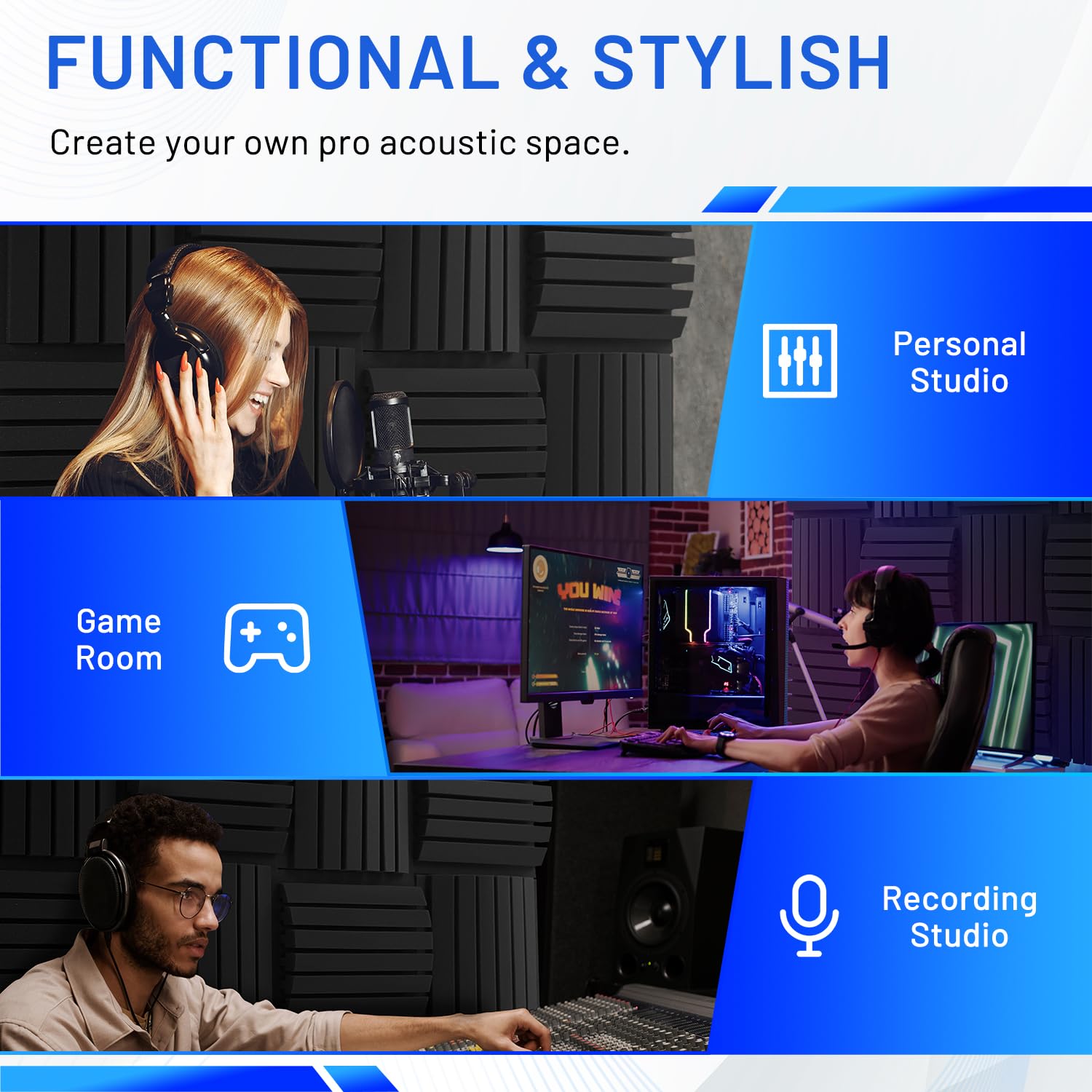 Focusound 24 Pack Curved Acoustic Foam Panels 3″ x 12″ x 12″ Sound Proof Foam Panels Soundproofing Noise Cancelling Wedge Panels for Home Office Recoding Studio with 150 PCS Double-Side Adhesive