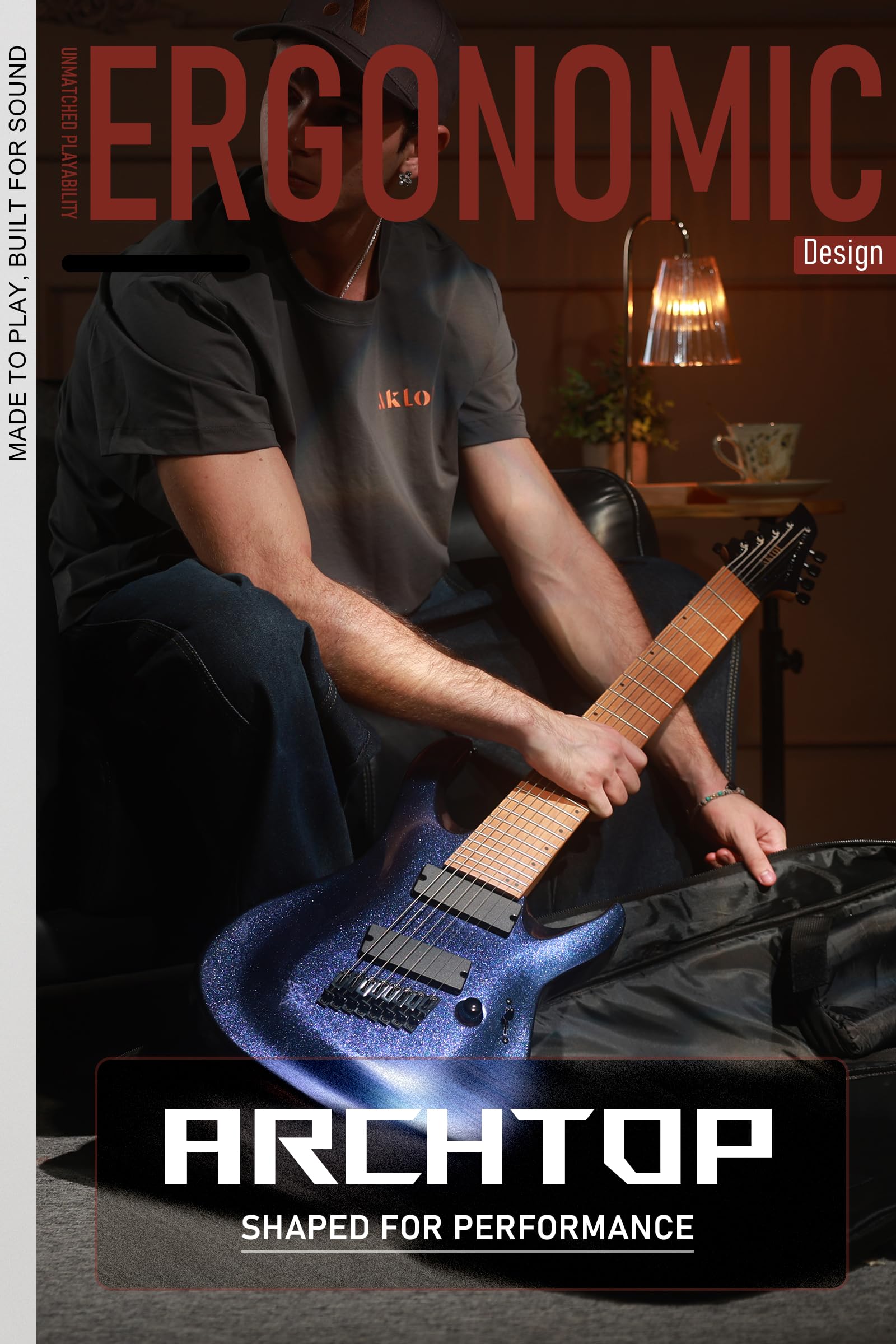AKLOT Multi-Scale 7-String Electric Guitar: Roasted Maple Neck with String-Through Bridge Electric Guitars Kit with Okoume Body, HH Pickup, Gig Bag, Strap, Distortion Pedal, XRN-7 Yellow