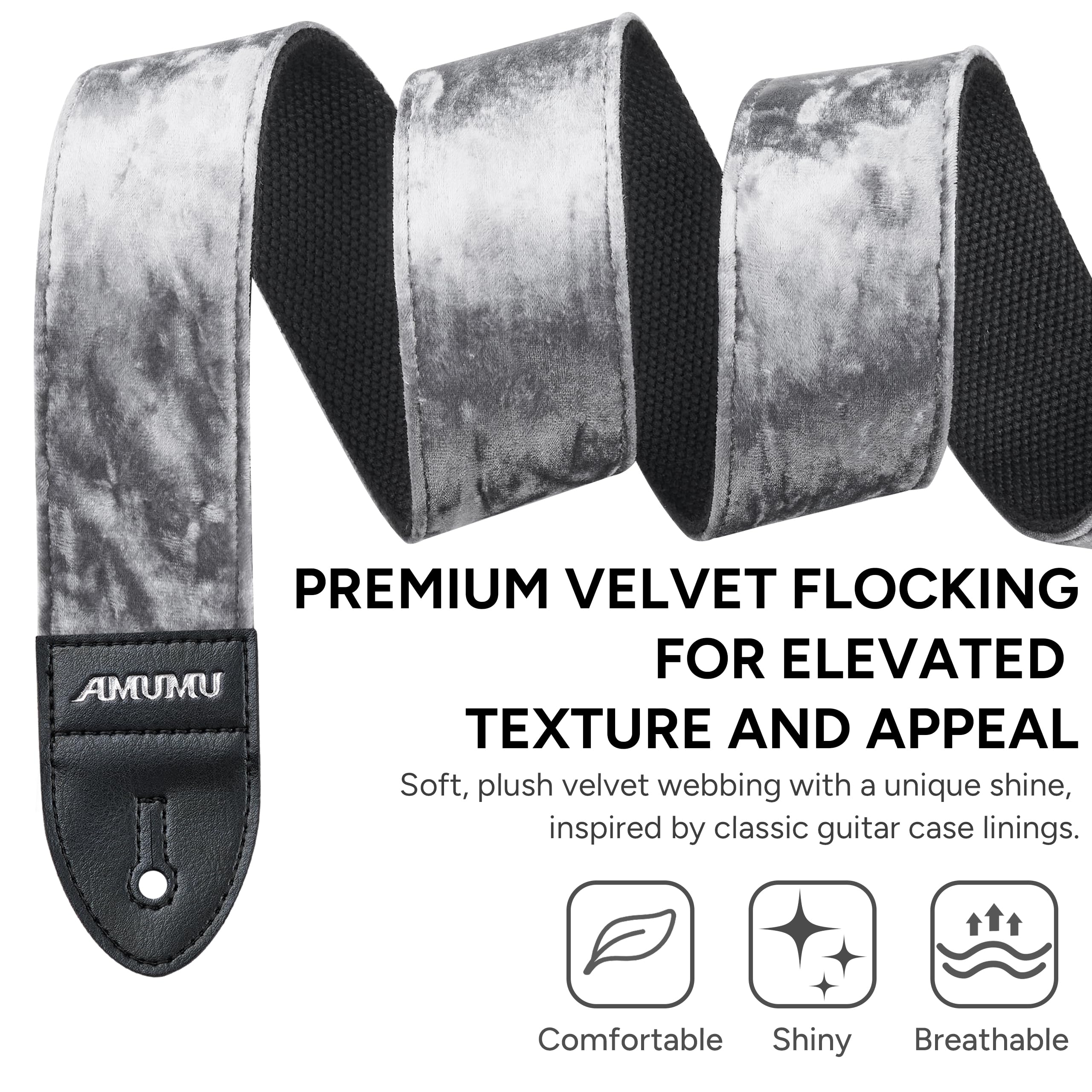 Amumu Flocked Velvet Guitar Strap with Microfiber Leather Ends – Guitar Accessories – Fits Acoustic, Electric Guitar and Bass – Silver