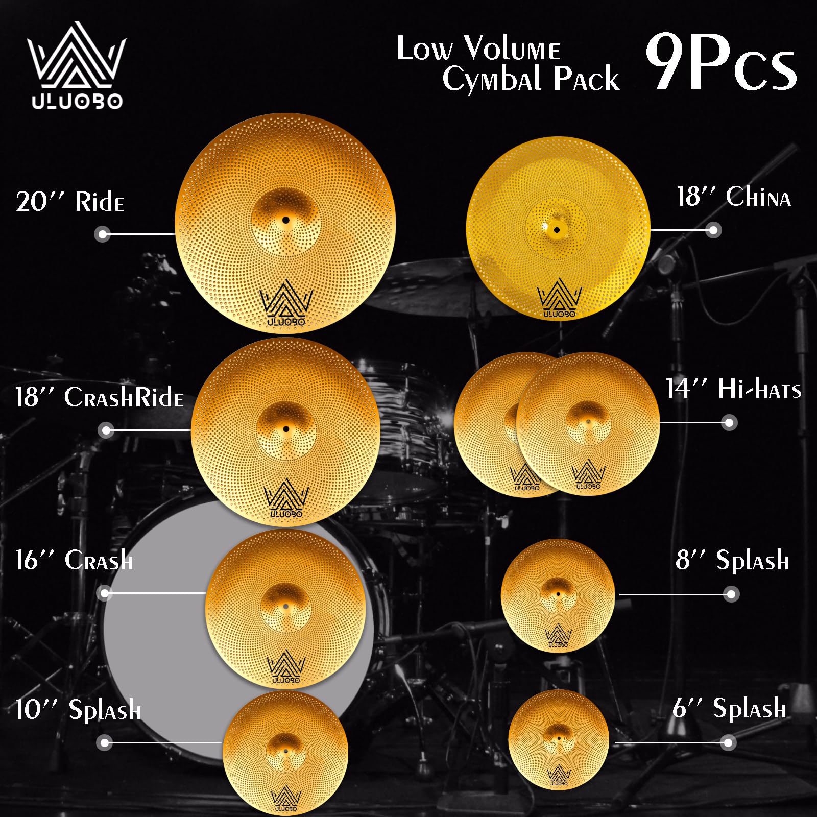 ULUOBO Low Volume Cymbal Pack, 9 Pieces Silent Cymbals, Quiet Cymbals Set for Drummer Practice, 6/8/10”Spalsh+14”Hihat+16″Crash+18”Crash+18”China+20″Ride, Gold
