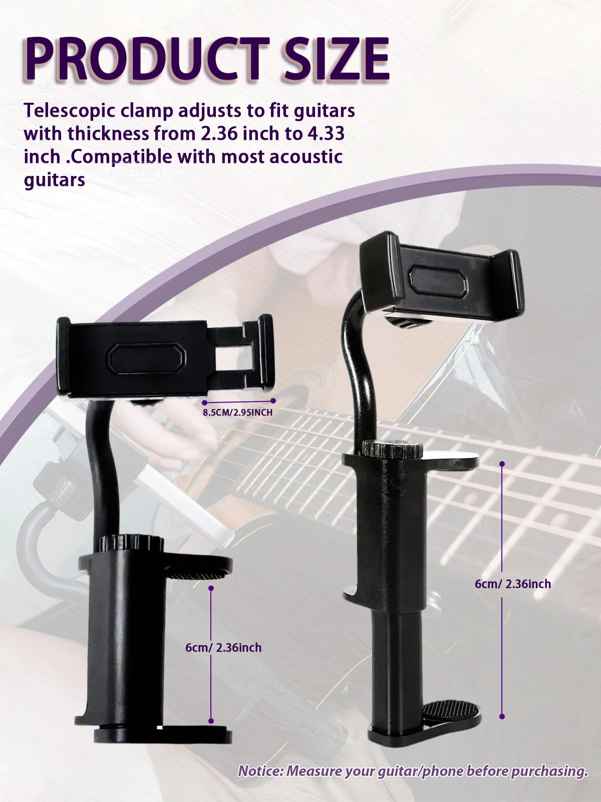 Rubierine Guitar Phone Holder, Digital Sheet Music holder, Phone Clip Mount Fit for 6-10cm Thick Guitars& Ukulele, Practical Guitar Accessories for Watching Tutorials & Tabs While Playing, Easy Setup