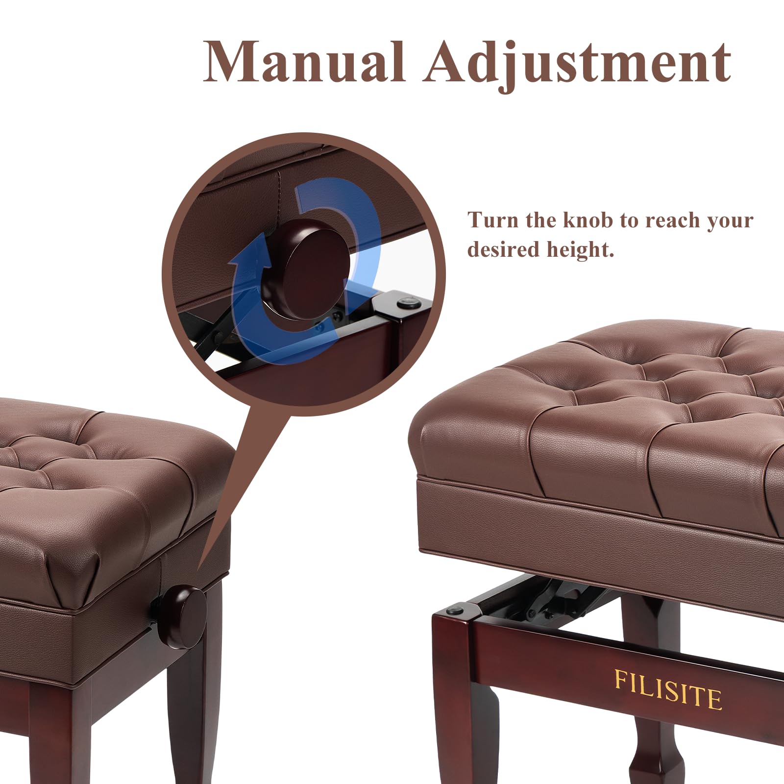 FILISITE Adjustable Height Piano Bench with Storage, Heavy Duty Solid Wood Piano Stool Keyboard Bench with PU Leather Padded Cushion(Brown)
