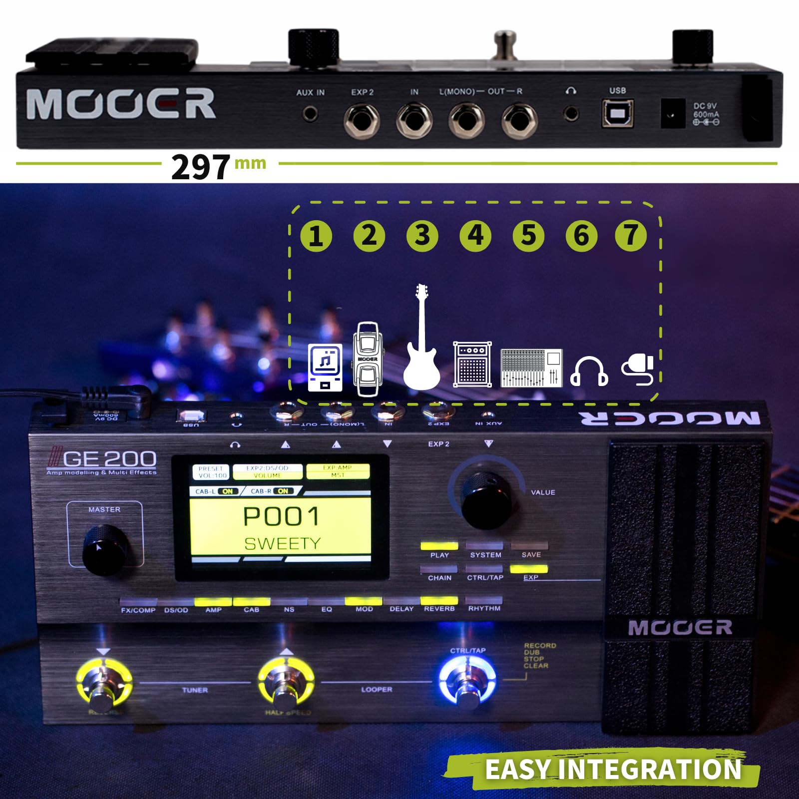 MOOER GE200 Guitar Amp Modelling Multi Effects Pedal