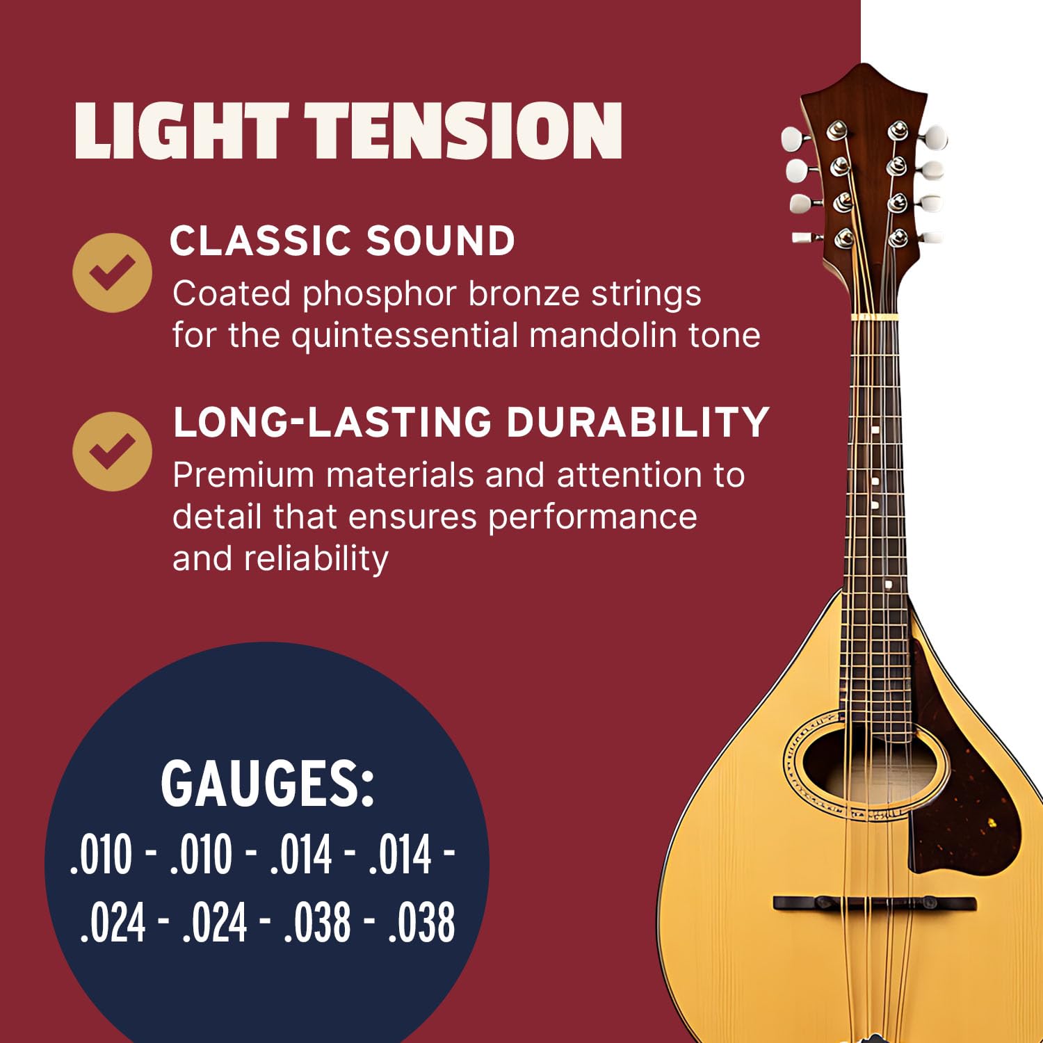 Stringjoy Foxwoods 10-38 Balanced Light Gauge Coated Mandolin Strings – Coated Phosphor Bronze Mandolin Strings – Long-Lasting, Rich and Balanced Loop-End Strings, 8 String Set, 2-Pack