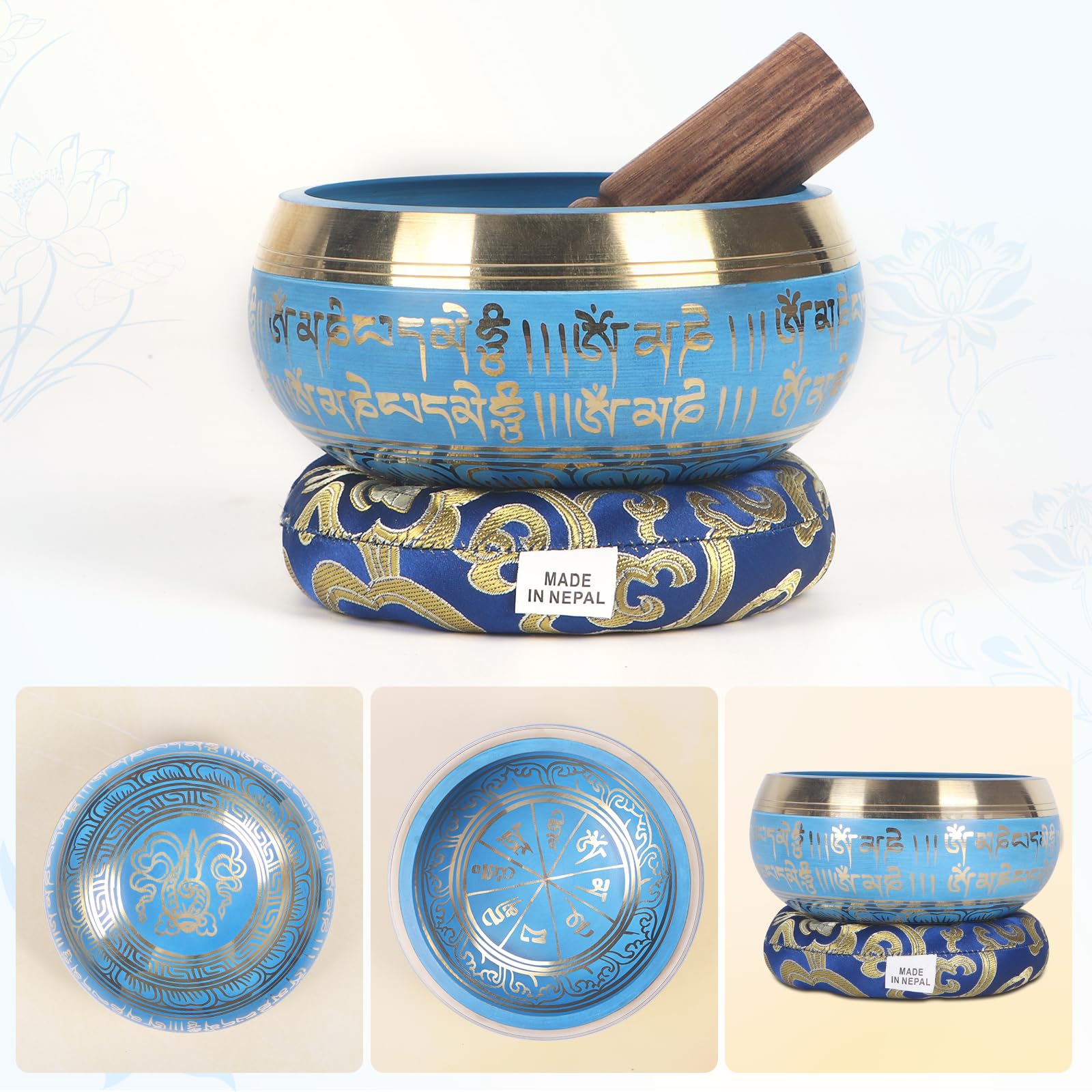 Kmise Tibetan Singing Bowls Set- Handmade in Nepal Meditation Sound Bowls for Yoga, Meditation, Mindfulness, Healing and Chakra Balancing, Stress Relief (5′, Blue)