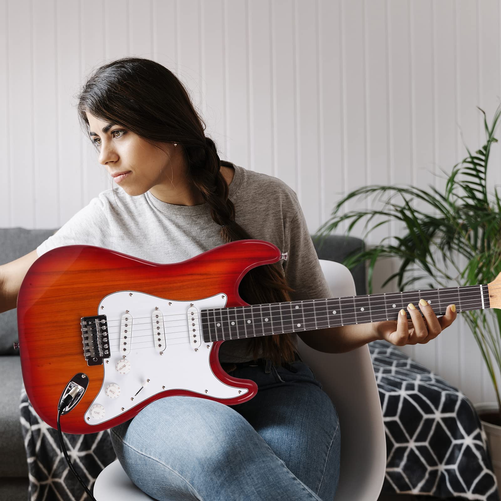 Ktaxon 39 Inch Electric Guitar Solid Body Beginner Kit with Bag Sunset Red