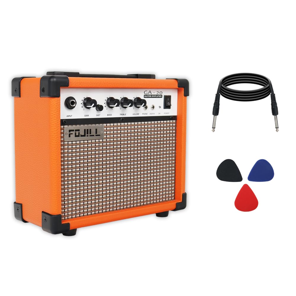 Fojill 20W Watt Electric Guitar Amplifier Amp Practice Small Portable Travel Mini Amp with 3.5 Headphone Jack Aux Distortion Gain Treble Bass Volume (Orange, 20W)