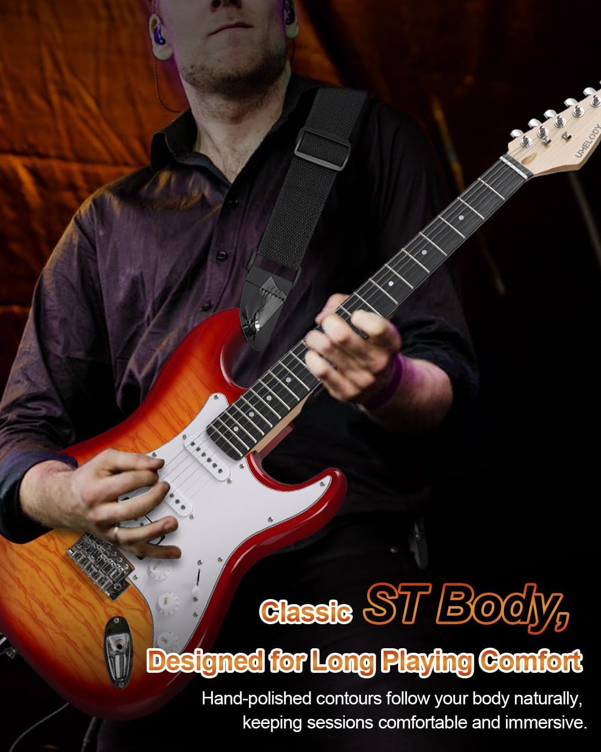 Umelody UST-200 Beginner Electric Guitar Kit HSS Pickup, Versatile 5-Way Switch for Clean to High-Gain Tone, Full-Size ST Style Guitar for Starter & Intermediate Players, Gig Bag (Amber)