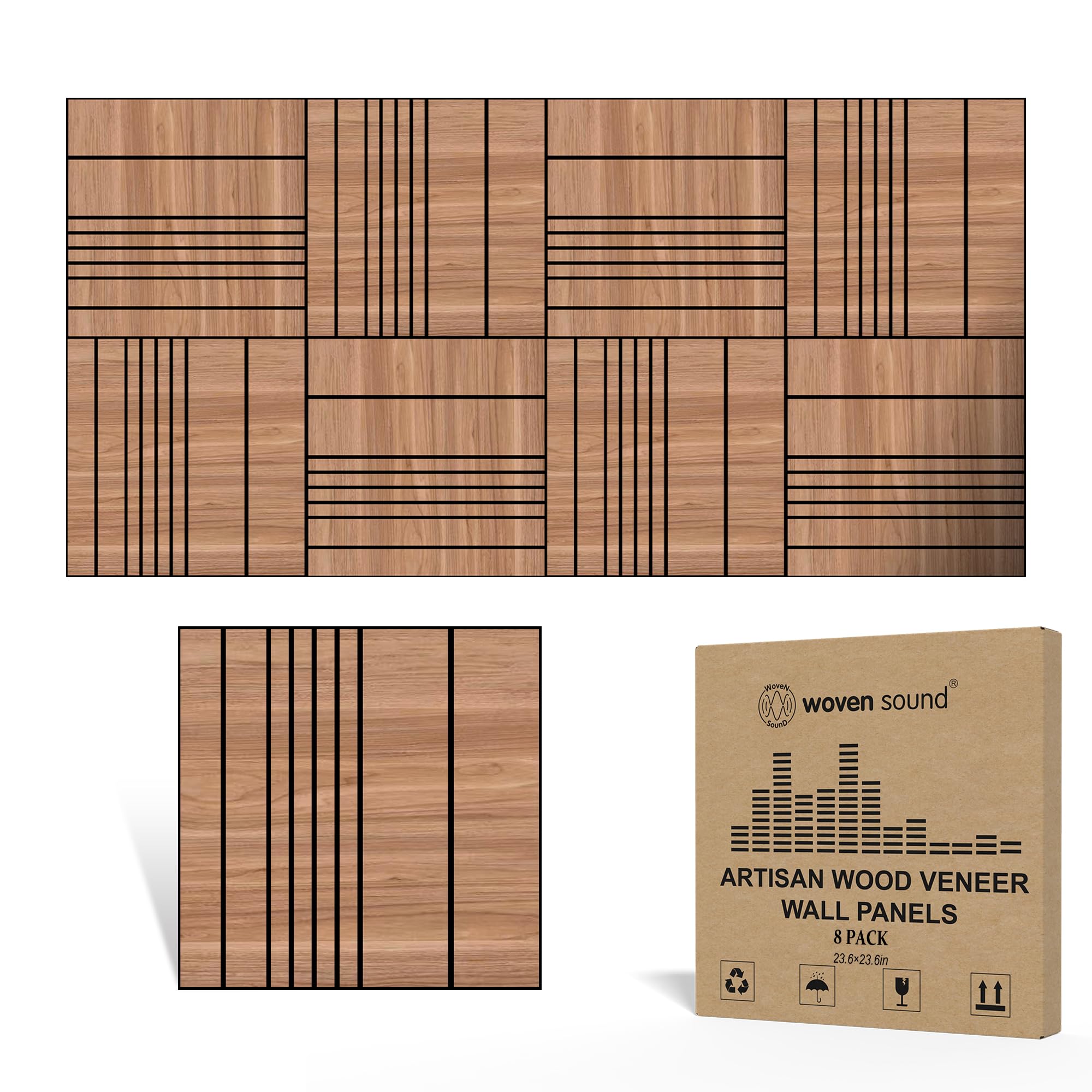 WoveN SounD Acoustic Wall Panels, Teak, 8 Pack, 23.6×23.6 in