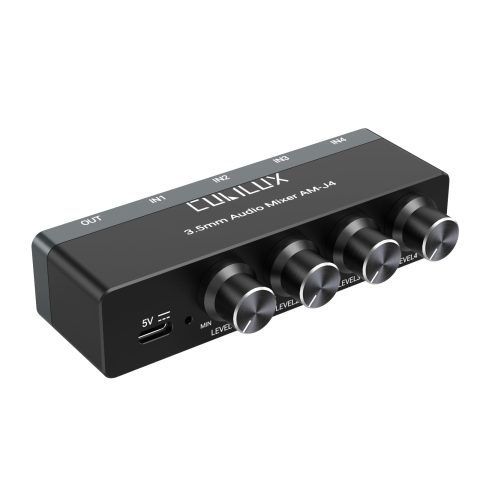 Cubilux 4-Channel 3.5mm Audio Mixer, Ultra-Low-Noise Mini Audio Mixer for Sub-Mixing, 1/8 TS/TRS Input, Stereo Switcher Suitable for Guitars, Bass, Keyboards