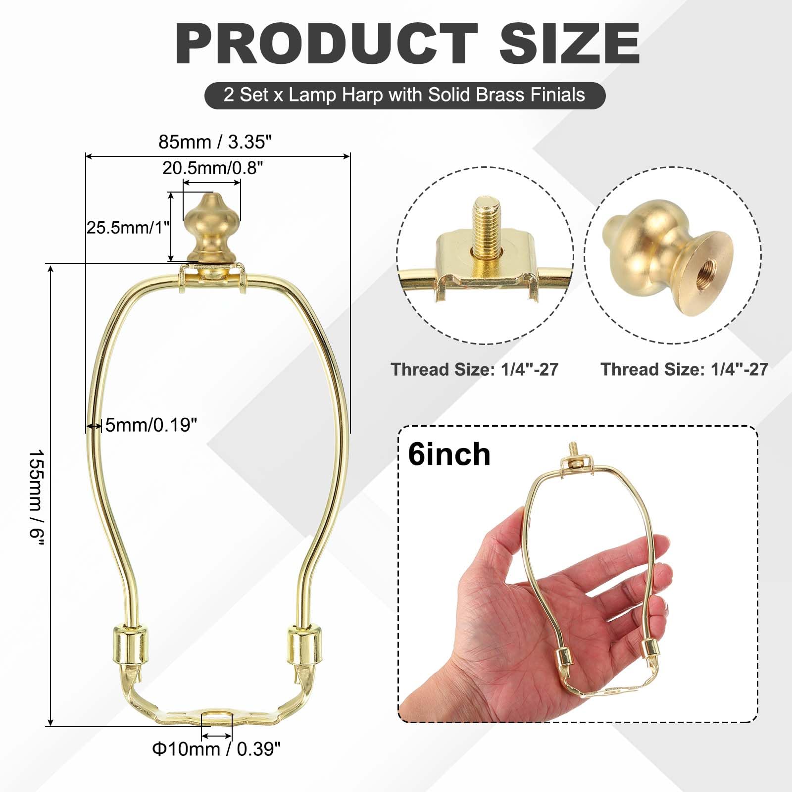 PATIKIL 6 Inch Lamp Harp Kit with 1 Inch Height Solid Brass Finial, 2Set