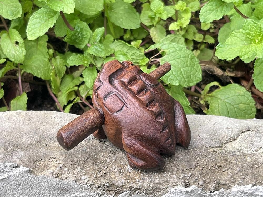 2.75 Inch Dark Brown Wooden Frog Guiro Percussion Instrument with Scraper Stick, Hand Carved Wood Frog Noise Maker for Music Education, Classroom, Meditation.