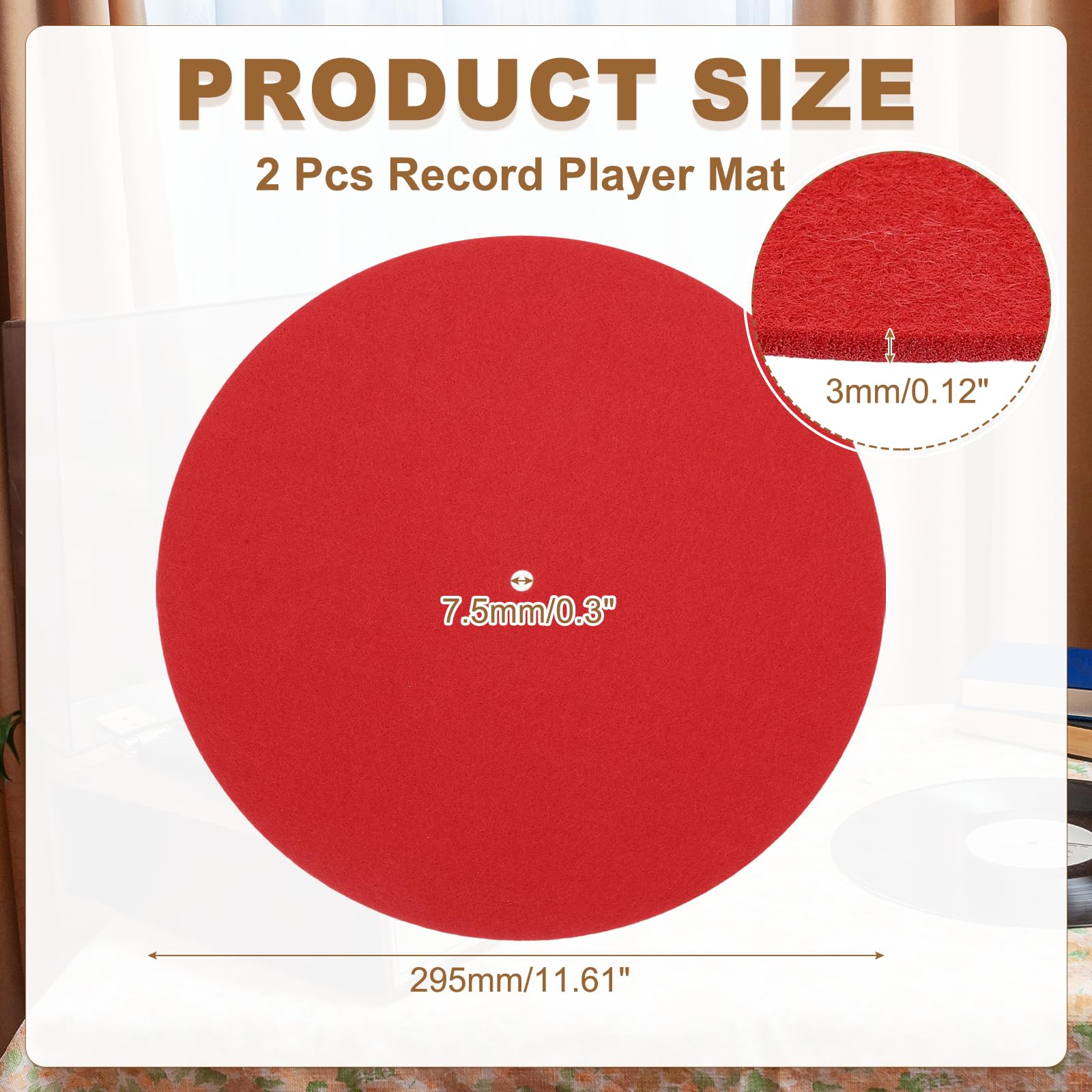 MECCANIXITY 2 Pcs Record Player Mat, 12 Inch Turntable Mat 3mm Felt Turntable Pad for Vinyl Record Player, Red