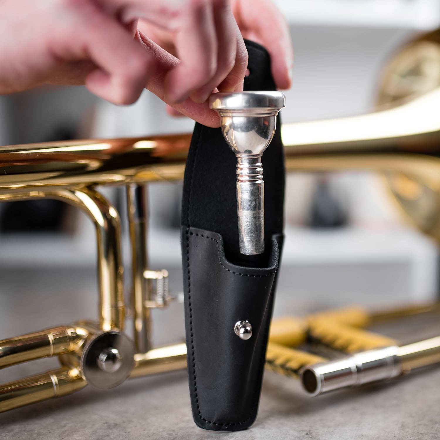 MG Leather Work Trombone/Euphonium Mouthpiece Holder. Genuine Leather Single Pouch. Black