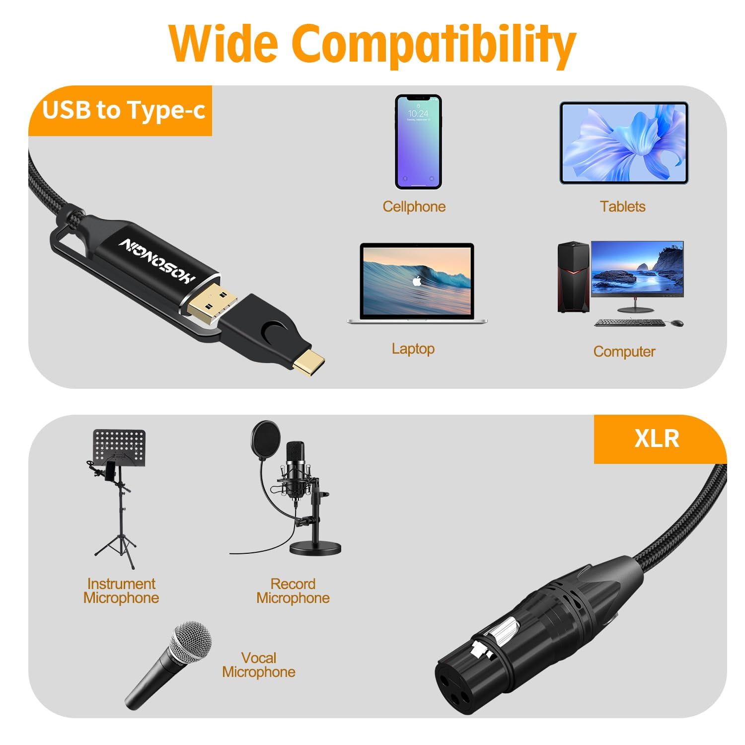 HOSONGIN XLR to USB Cable, USB Microphone Guitar Cable 10FT, USB Male to XLR Female and 1/4 inch TS Mono Adapter Professional Microphone Recording Cable, Black PVC Jacket, Upgraded 2021