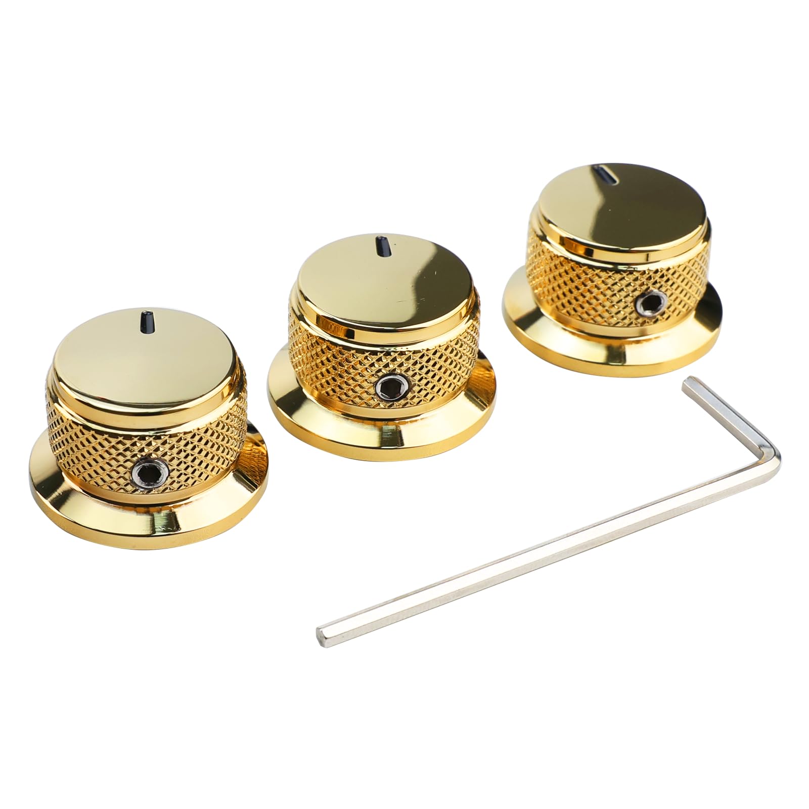 OVSAL 3PCS Electric Bass Guitar Metal Knobs Flat-top Hat-Shaped Volume Tone Control Knobs with Set Screw 6mm Hole Compatible with Fender Strat Telecaster Les Paul Electric Guitars or Basses(Gold)