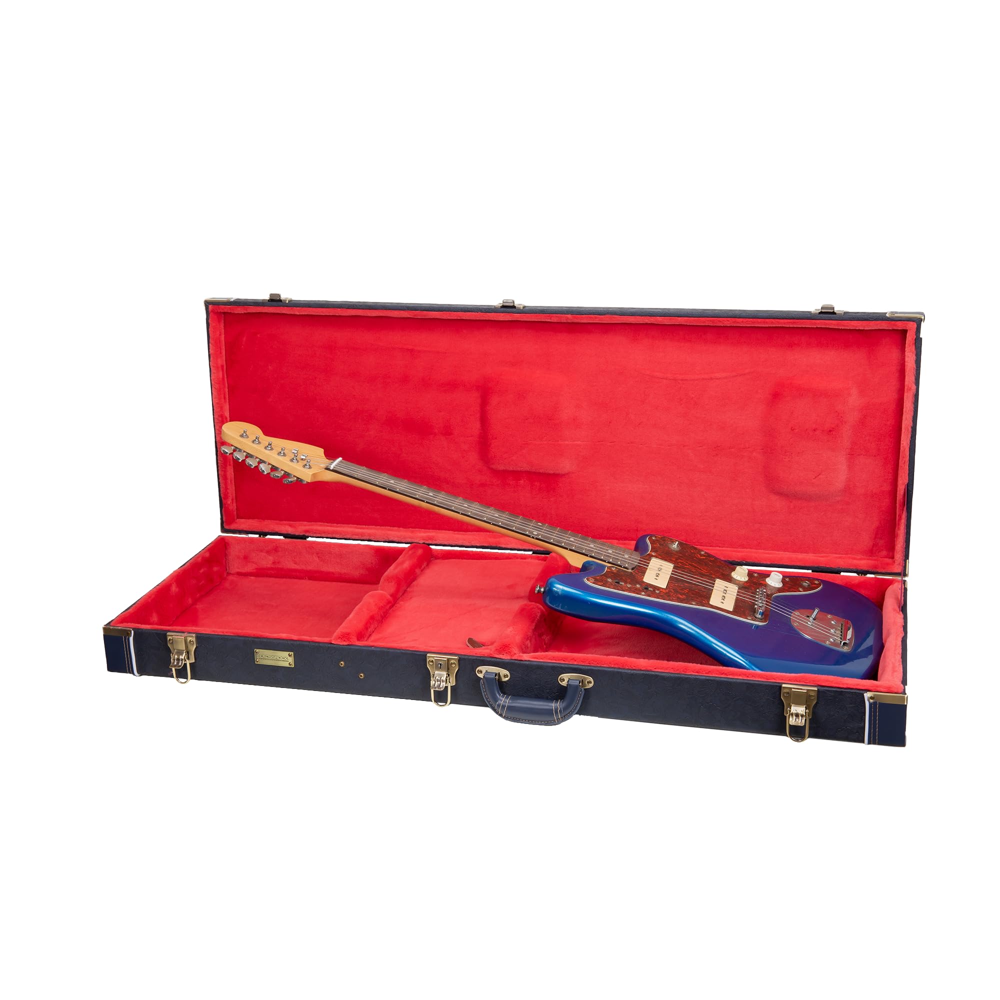 Crossrock Relief Series Jazzmaster/Jaguar Guitar Case for Offset Electric Guitars | Carved Ocean Blue Finish, Deep Scarlett Velvet Interior, Lock – Premium Wooden Hardshell