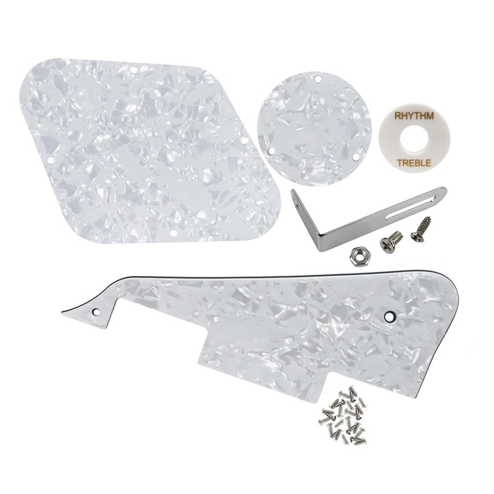FLEOR 4Ply White Pearl Pickguard Back Plate Screws Set & Toggle Switch Plate(White) & Bracket Fit LP Style Guitar Pickguard Replacement