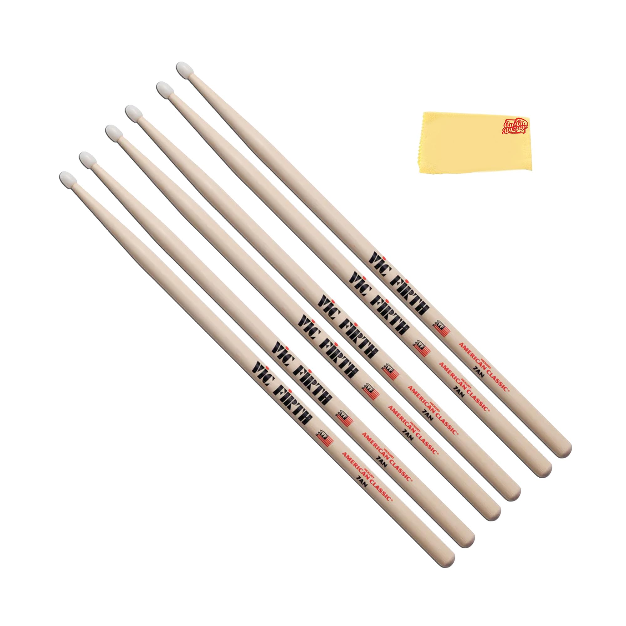 Vic Firth American Classic 7A Nylon Tip Drumsticks – 3-Pack Bundle with Austin Bazaar Polishing Cloth