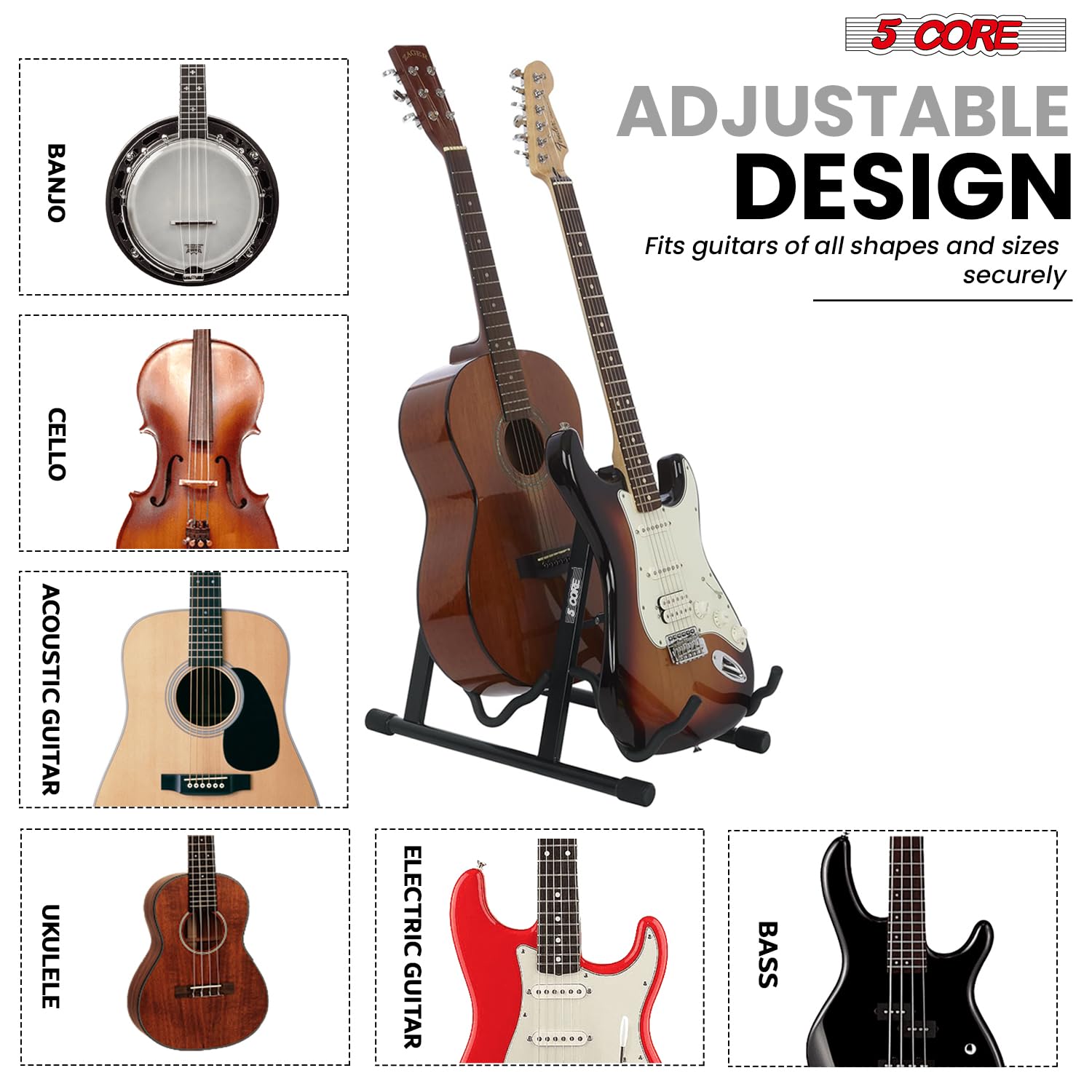 5 CORE Guitar Stand 2 In 1 Electric Acoustic Bass Banjo Stand Heavy Duty Strong Metal Double A-Frame Folding Dual Guitar Holder with Soft Padded Foam Sleeves Black