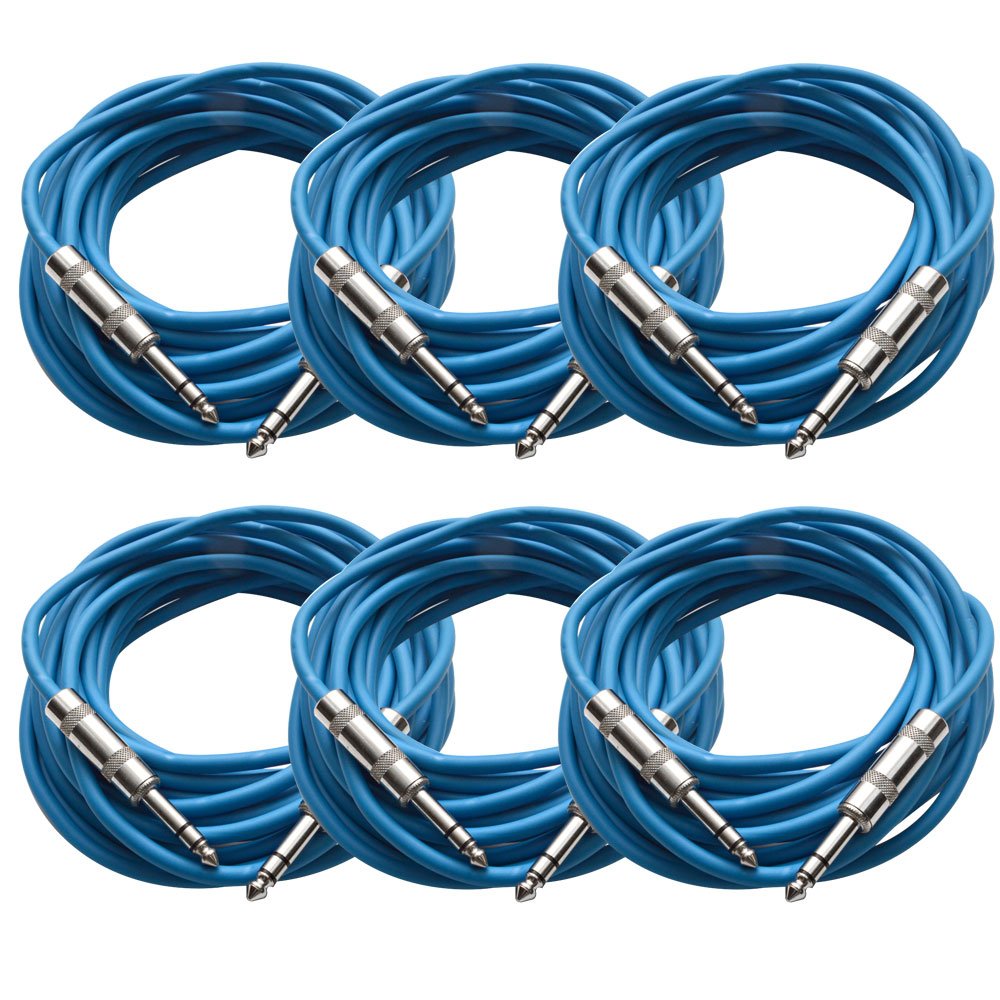 Seismic Audio – SATRX-25Blue6 – Pack of Six (6) 25 Foot Blue 1/4″ TRS Patch Cable – Balanced Cord – Effects