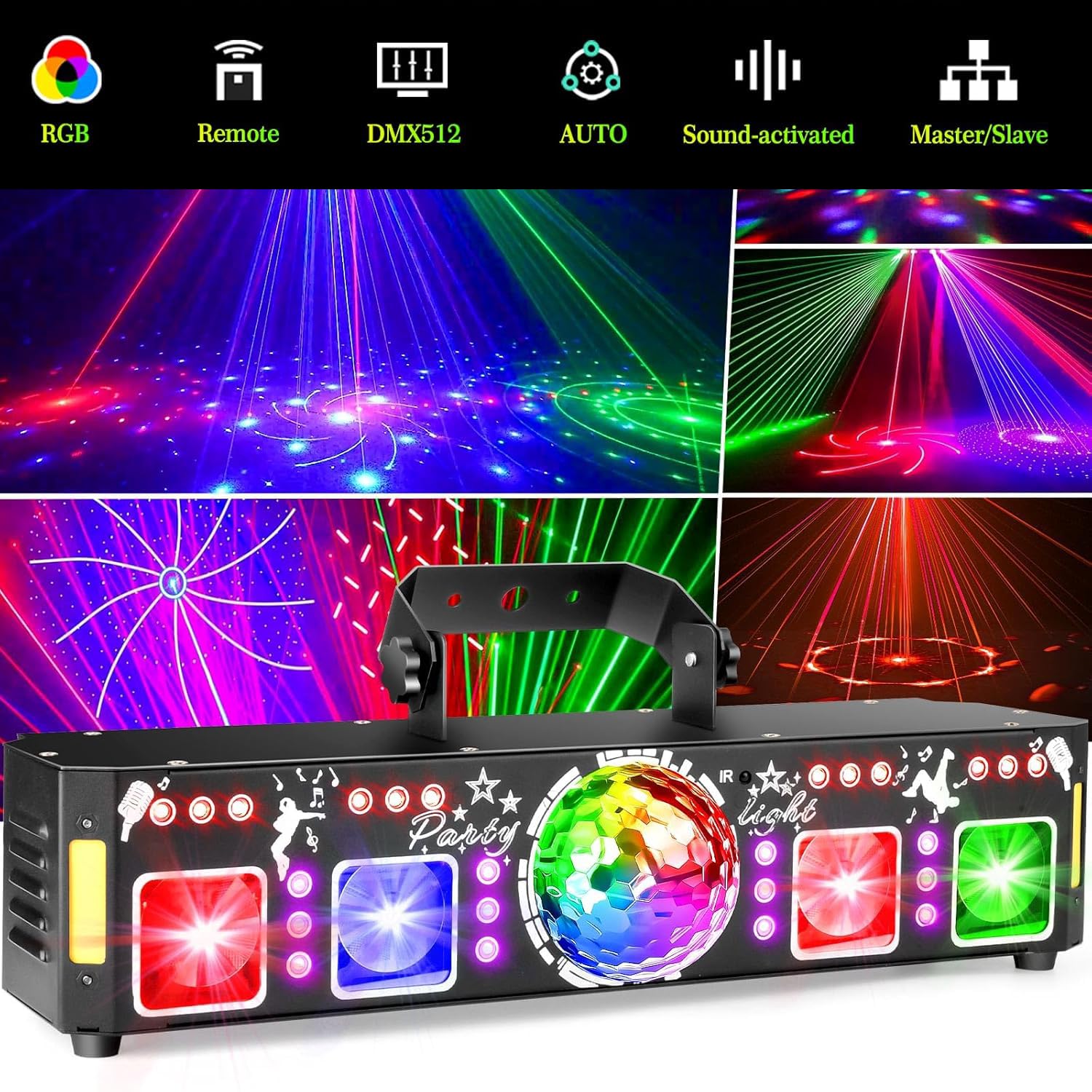 DJ Lights for Parties, Pro 7 in 1 DMX & Sound Activated DJ Lights Show Machine with Disco Ball Light, UV Black Lights – Sound Activated LED Lighting for Home, Karaoke, Birthday and DJ Events World Cup