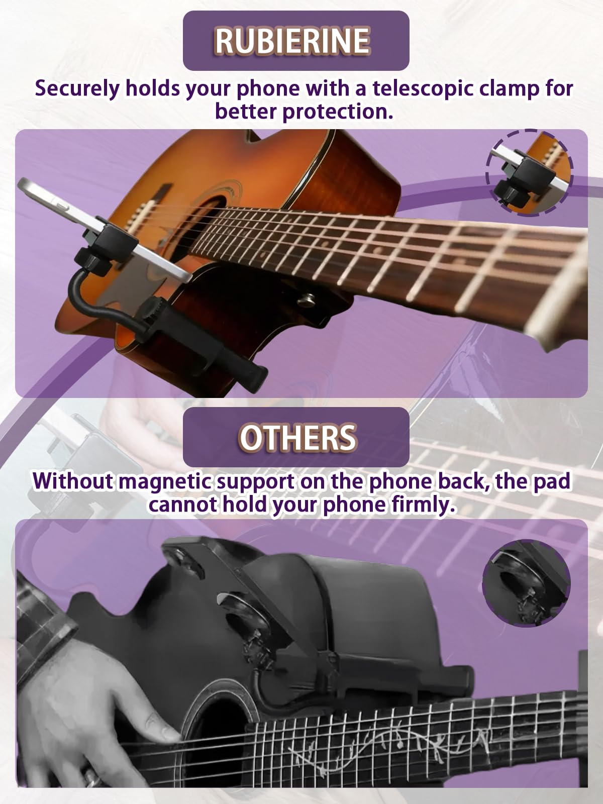 Rubierine Guitar Phone Holder, Digital Sheet Music holder, Phone Clip Mount Fit for 6-10cm Thick Guitars& Ukulele, Practical Guitar Accessories for Watching Tutorials & Tabs While Playing, Easy Setup