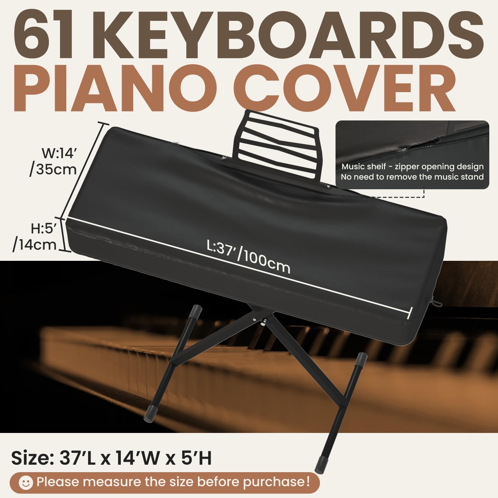 FOLU 61/88Keys Electric Piano Keyboard Dust Cover – Waterproof, Dustproof, Scratch-Resistant, Adjustable Fit, Machine Washable – 37″(L) x 14″(W) x 5″/4.7″(H) (61keys-black)