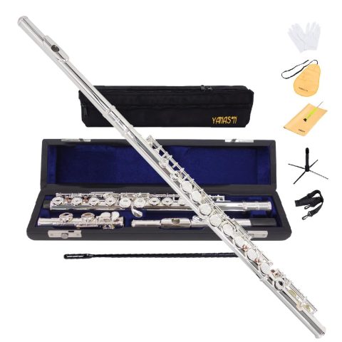 YANASON C Flute Closed Hole 16 Keys Flute Silver-plated for Beginner, Adults,Student with Leather case, Metal stand, Gloves, Tuning Rod, Cleaning kit(16 Silver)