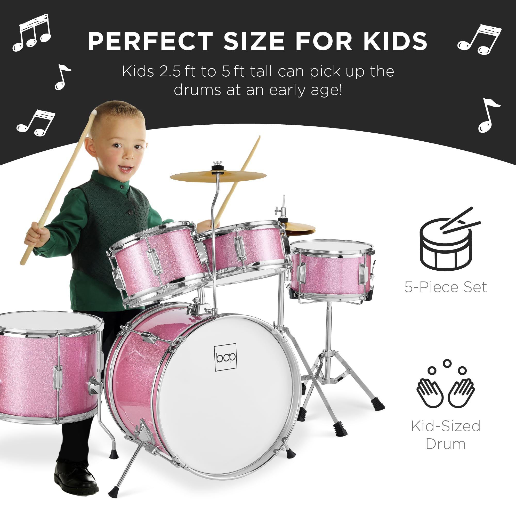 Best Choice Products Kids 5-Piece Beginner Drum Set Junior Kit, Starter Percussion w/Cymbals, Pedal, Toms, Snare, Drumsticks, Stool – Pink Sparkle