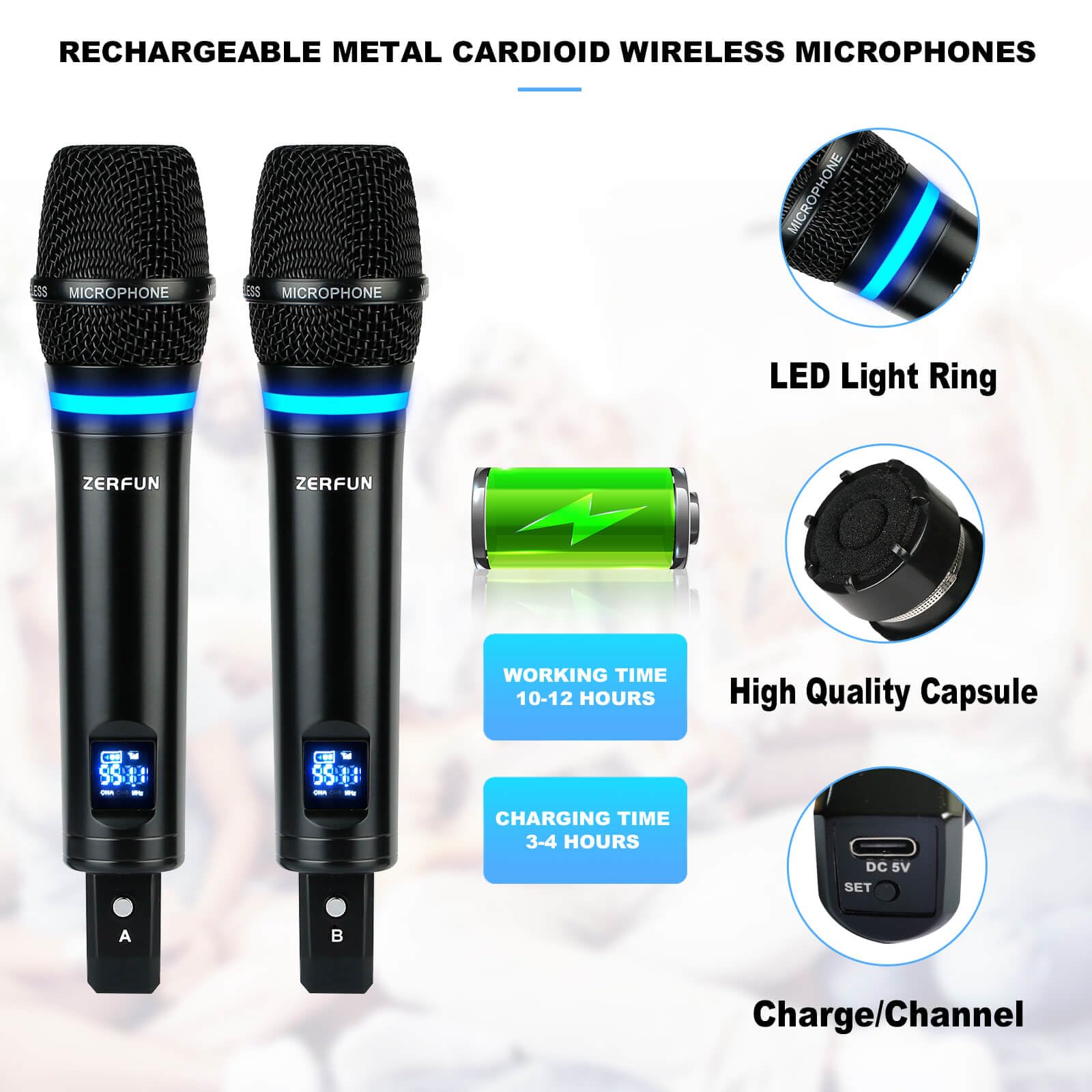 ZERFUN 4 Channel Rechargeable Wireless Microphone System(MU-898)