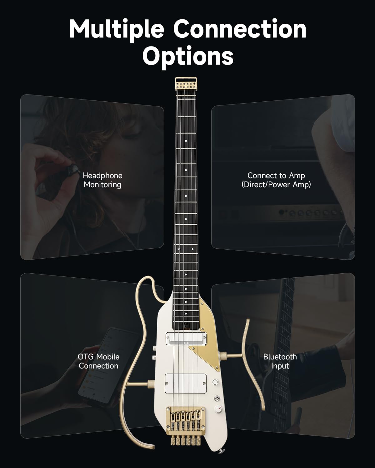 Donner HUSH X PRO Electric Guitar Kit – Smart Travel Guitar with Dozens of Preset Combinations, 7 Tone Sim Options, White-Luxe