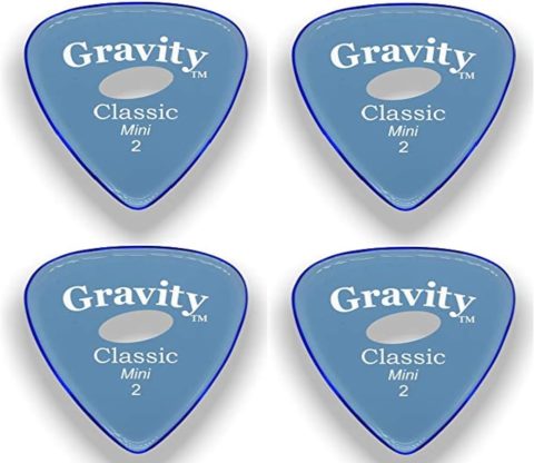Gravity Picks Classic Mini Jazz Guitar Picks – 2.0mm Thick Blue – Polished Elipse Grip Hole – Heavy Picks for Electric, Acoustic & Bass – 4 Pack