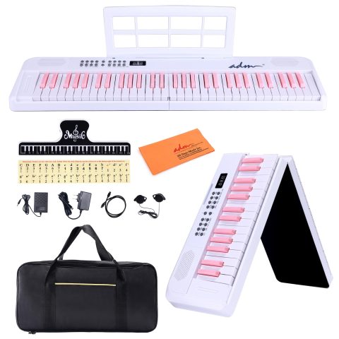 ADM 61 Key Folding Electric Piano Keyboard, Foldable Electronic Keyboard, Wireless 128 Tones, 128 Rhythms Includes Pedal, Gig Bag, Headphones for Beginners, Students, Teenagers, Adults, White