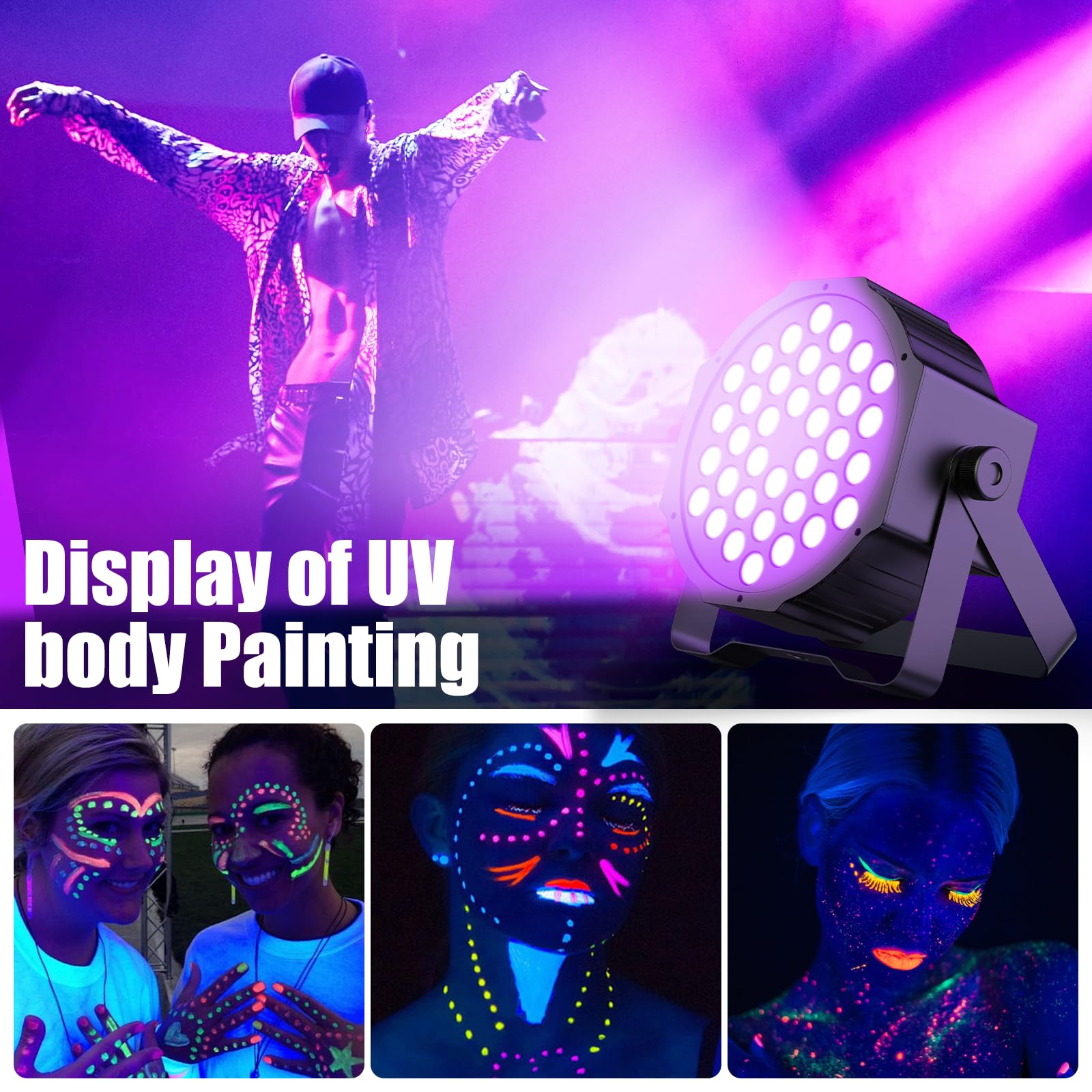 U`King Black Lights 72W UV LED Blacklight Glow in The Dark Black Light with Remote Control DMX Sound Activated Portable Strobe Lights for Parties Birthday Wedding DJ Stage (4 Packs)