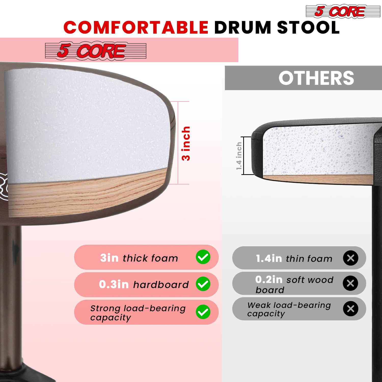 5 CORE Drum Throne Thick 3 Inch Padded Drum Seat Height Adjustable Drumming Stools with Anti-Slip Feet Musician Chair for Adults and Kids Drummers Brown – DS 01 BR