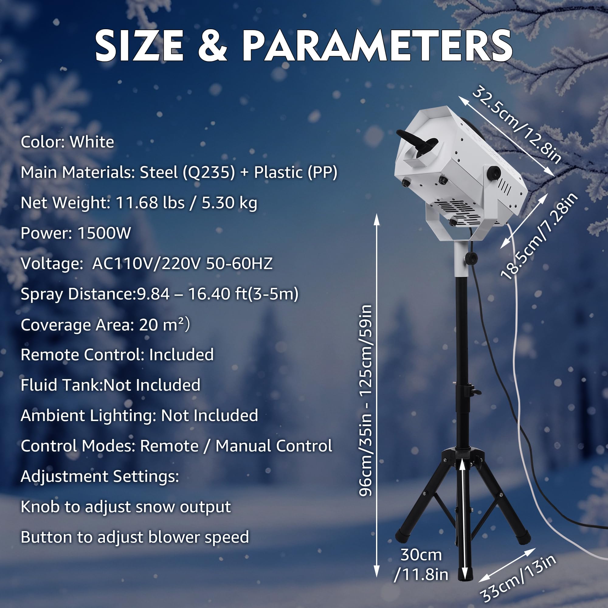 Snow Machine, 1500W Artificial Snow Making with Wireless Remote, Adjustable Snowflake Size & 59–69″ Stand, Snow Generator Fake Snow Maker for Christmas, Parties, Weddings & Holiday Events