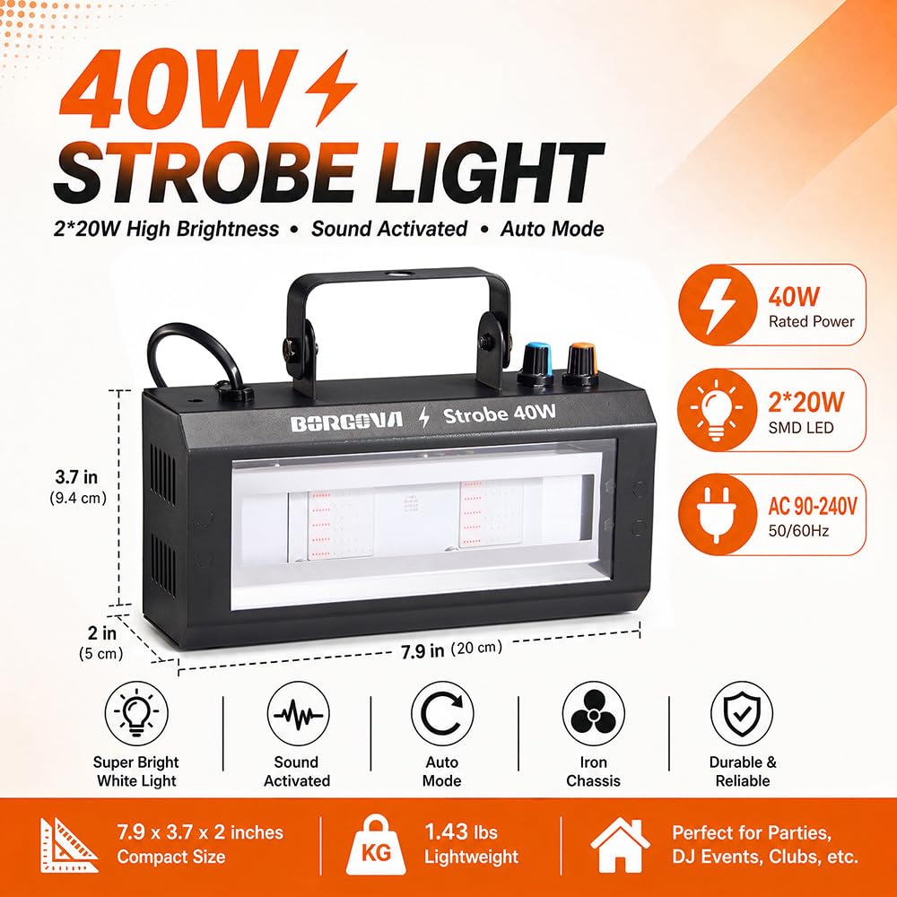 BORGOVA 40W LED Strobe Light, Portable RGB LED Stage Flashing Light