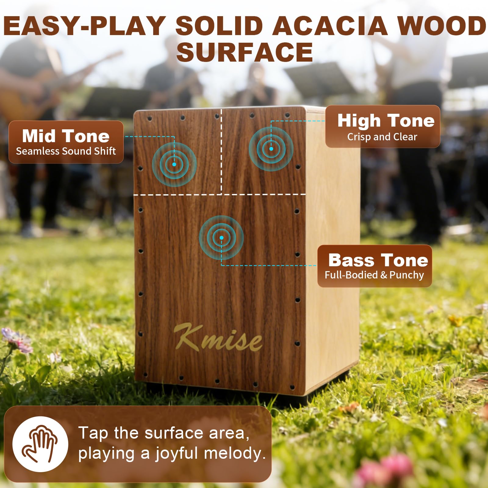 Kmise Portable Cajon Drum Box, 11.8×12.2×19″ Adjustable Snare Cajons Drums, Solid Acacia & Birch Wood, Percussion Instrument Gift for Adults Kids, With Carry Bag,for Home Live Performance Practice