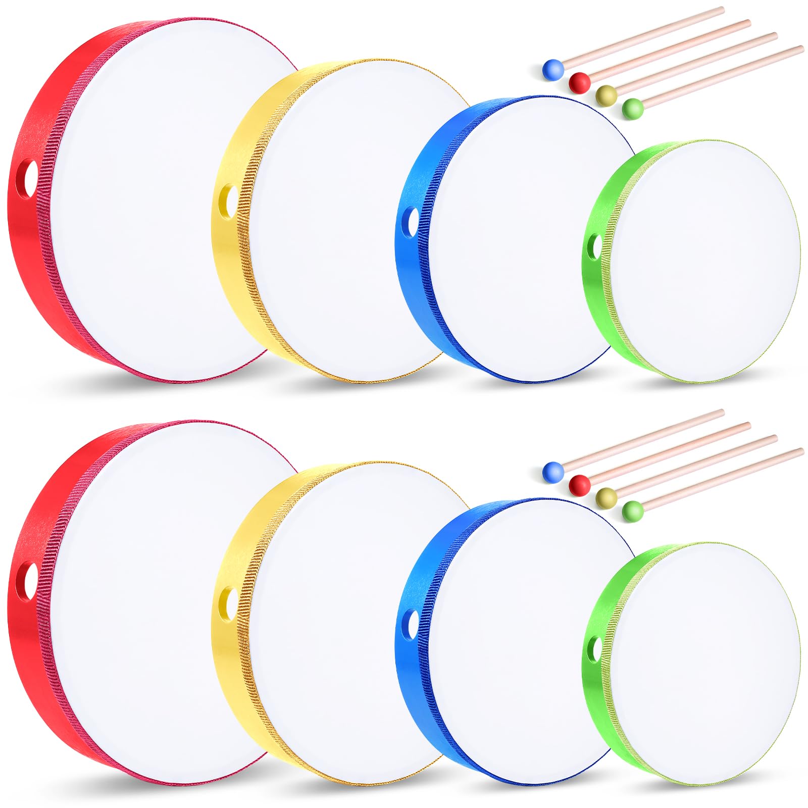 Boao 8 Pcs Hand Drums with Stick 12 10 8 6 Inch for Beginners Multicolor