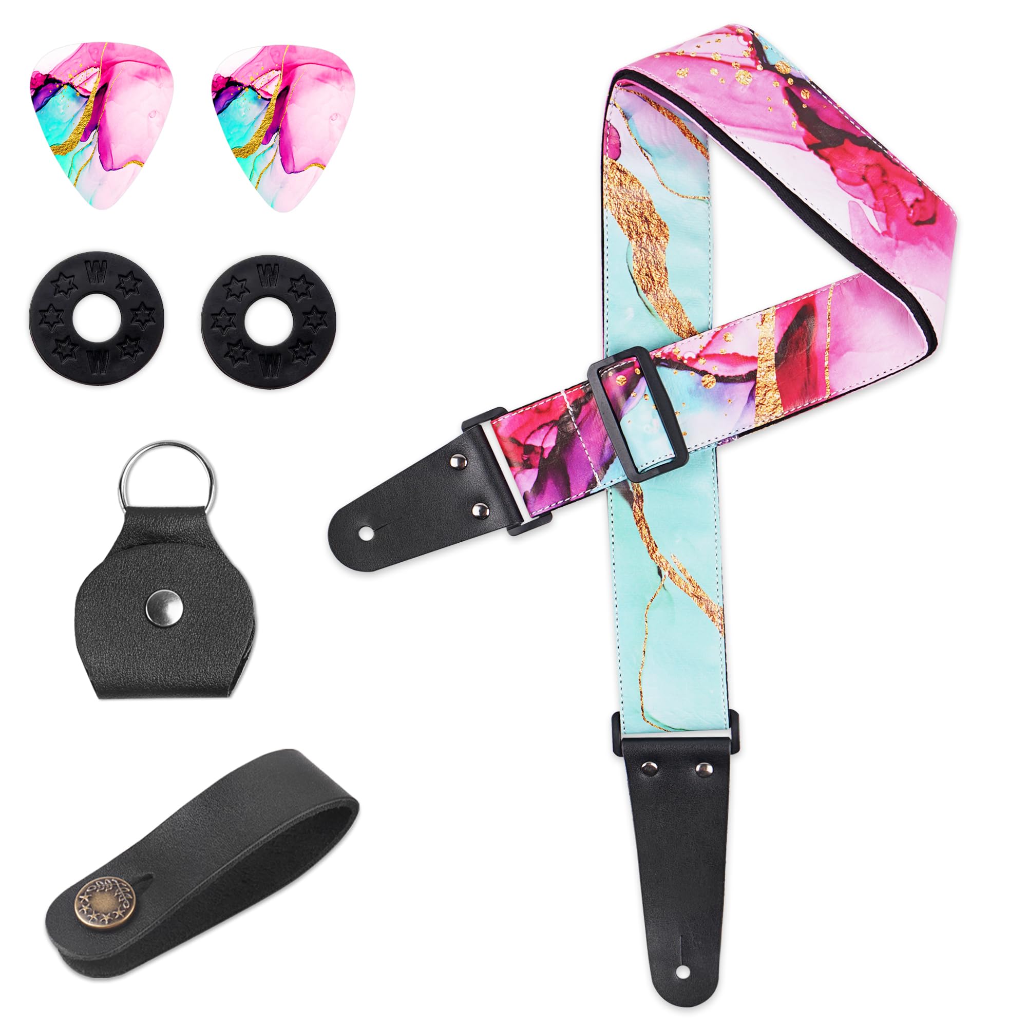 LIZIMANDU Adjustable Guitar Strap Includes 2 Strap Locks & 4 Matching Picks.Leather ends Shoulder Strap Suitable for Acoustic,Electric,Gift for Guitarist(1-Splash Ink2)