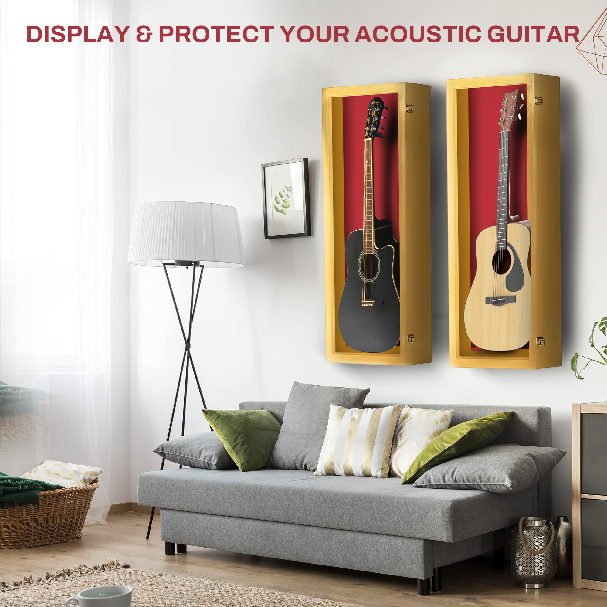 PENNZONI Acoustic Guitar Display Case – Acrylic Acoustic Guitar Case – Guitar Display Case Wall Mount Made from Hardwood Frame & Clear Acrylic – Golden Oak w/Red Felt