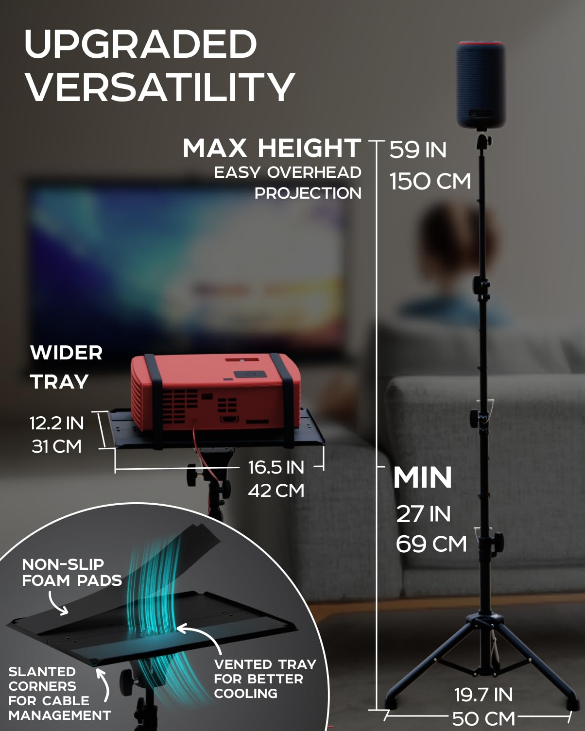 Projector Stand Tripod, Tall Floor Stand, Adjustable Height 27″ to 62″